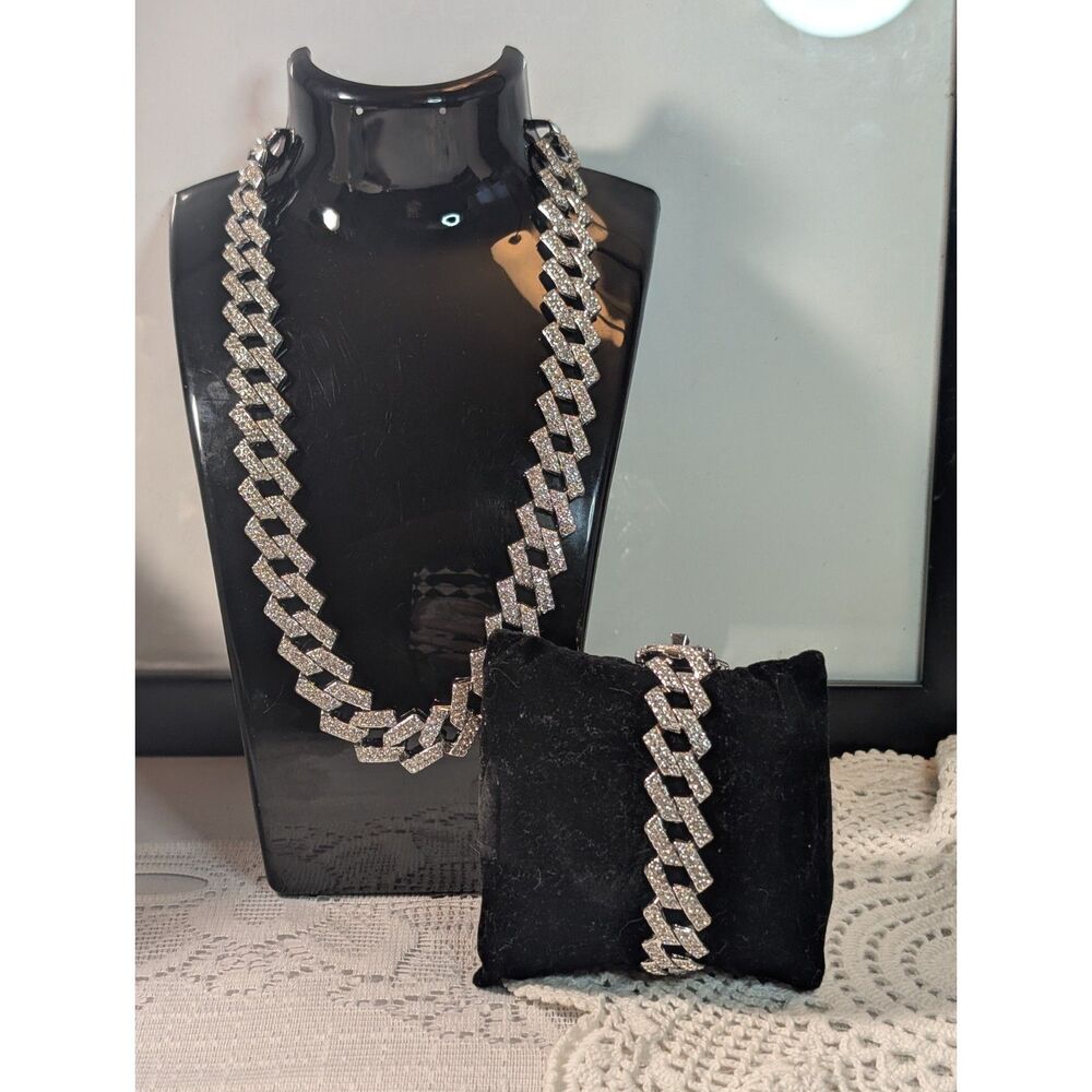 Iced Out Silver Cuban Link Chain Necklace & Bracelet Set Bling